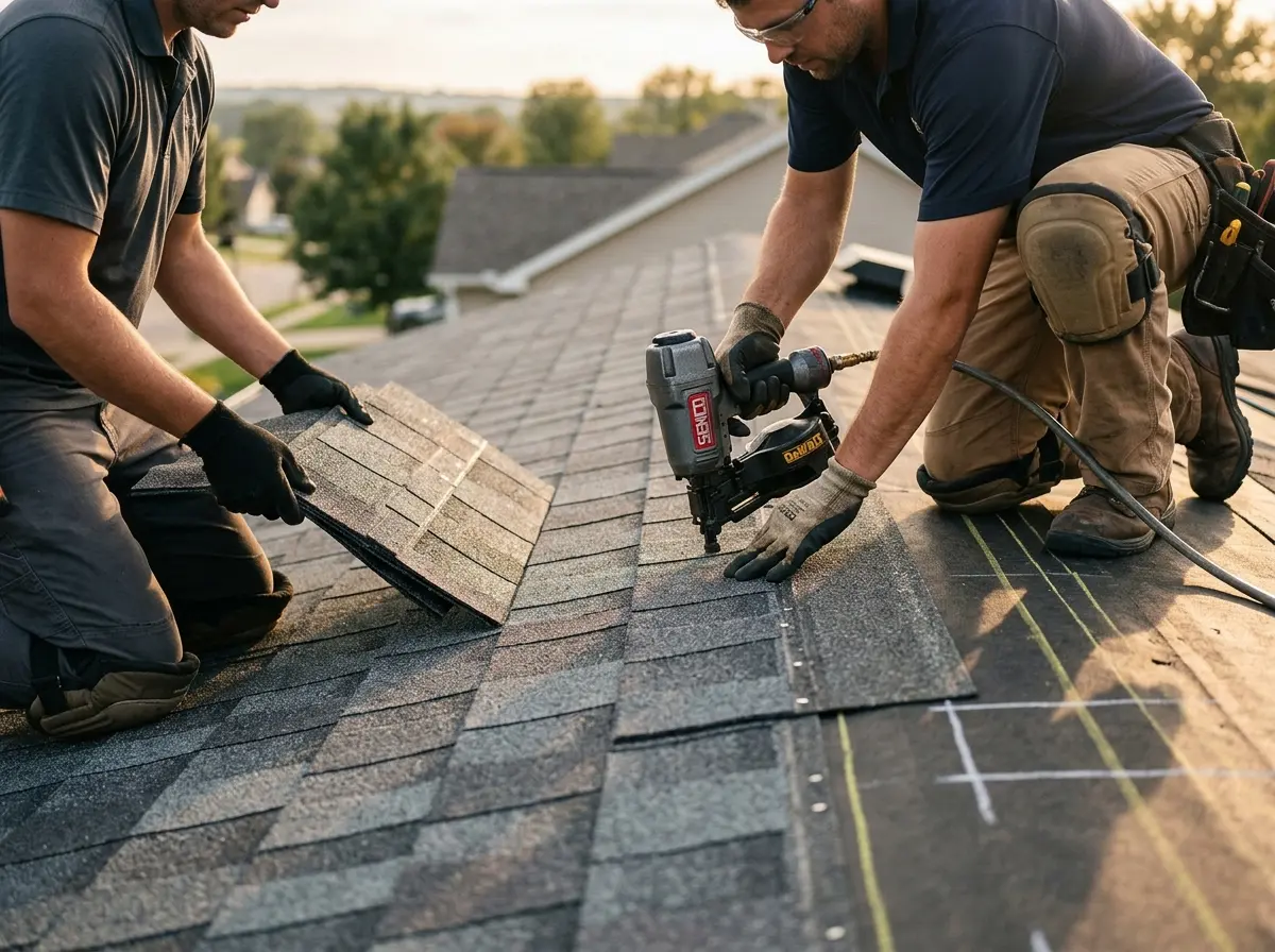 Professional roofer working on a residential roof in Dock Junction